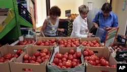 زنان در یک سوپرمارکت در مرکز شهر مسکو گوجه فرنگی هلندی انتخاب می‌کنند. دولت روسیه تمام واردات گوشت، ماهی، شیر و محصولات شیر و میوه ها و سبزیجات از ایالات متحده، اتحادیه اروپا، استرالیا، کانادا و نروژ را ممنوع کرده است.