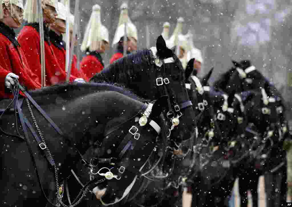 Anggota-anggota Household Cavalry menunggu saat pergantian penjaga, ketika salju turun saat parade Horse Guards di London.&nbsp; Kota ini dan bagian tenggara Inggris didera topan salju Kamis malam dan menurut prakiraan lebih banyak salju akan turun hari Jum&rsquo;at. &nbsp;