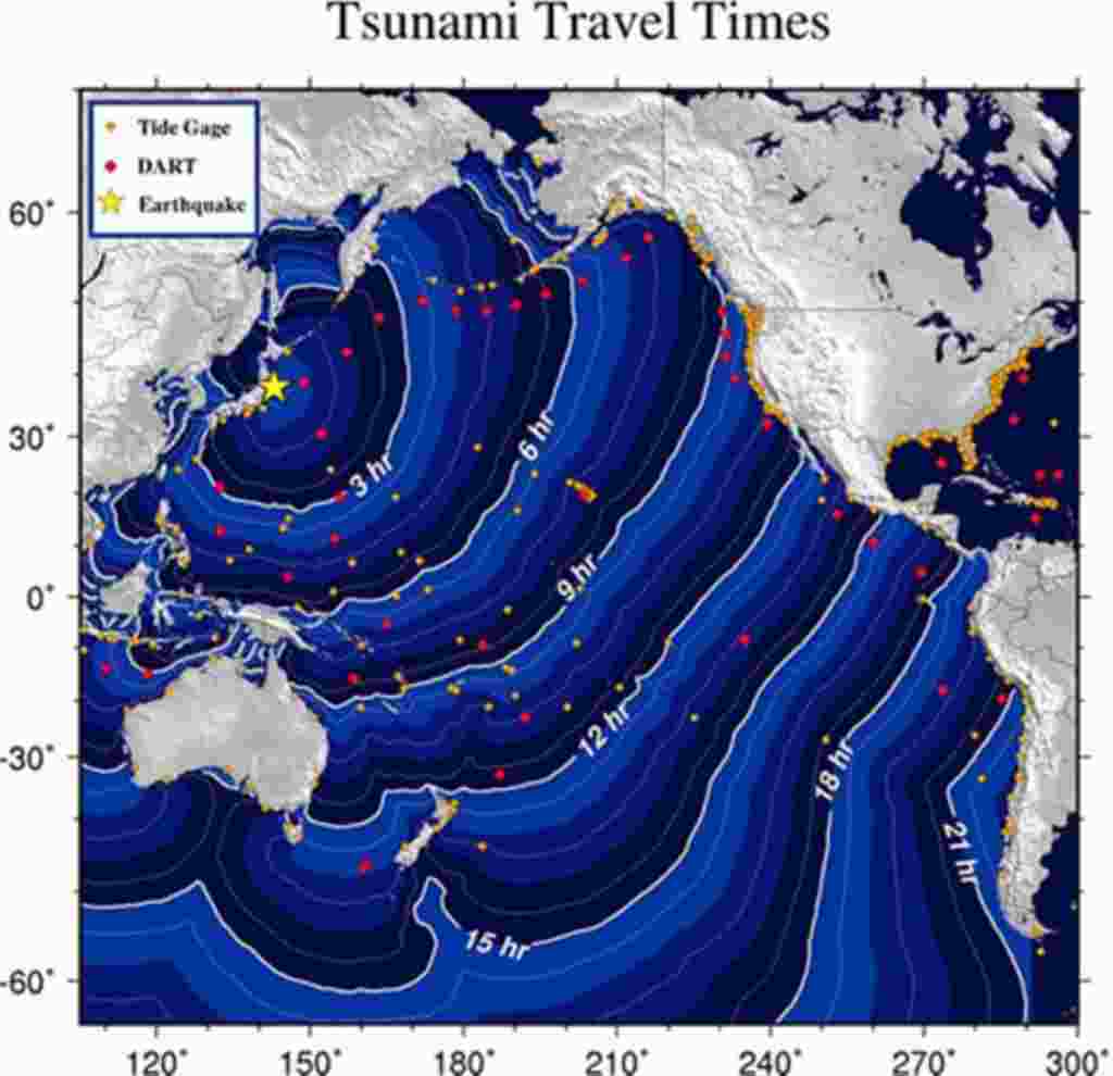 El ráfico de la Administración Nacional de la Atmósfera y el Océano que muestra estimaciones sobre el movimiento del tsunami al que le ha seguido un terremoto masivo de magnitud 8.9 puntos en la escala de Ritcher.