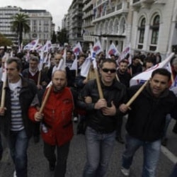 Protesters gather during a rally in Athens to protest against the government's tough austerity program.