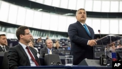 Hungary's Prime Minister Viktor Orban addresses the European Parliament in Strasbourg, France, Sept.11, 2018.