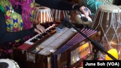 Abigail Adams Greenway plays harmonium in her basement, they call Tablasphere, outside Washington.