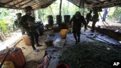 Un equipo de la policía de narcóticos inspecciona un laboratorio antes de destruirlo en Puerto Concordia, en el Meta, departamento colombiano. 