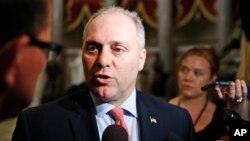 Majority Whip Rep. Steve Scalise, R-La., speaks with the media on Capitol Hill, May 17, 2017 in Washington. 