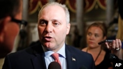 FILE - Majority Whip Rep. Steve Scalise, R-La., speaks with the media on Capitol Hill, May 17, 2017, in Washington. 