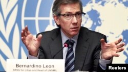 Special Representative of the Secretary-General for Libya and Head of United Nations Support Mission in Libya (UNSMIL) Bernardino Leon addresses a news conference at the Palais des Nations in Geneva, Jan. 14, 2015. 