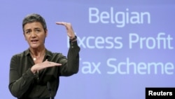 European Competition Commissioner Margrethe Vestager addresses a news conference in Brussels, Belgium, Jan.11, 2016, after the EU demanded Monday that Belgium recover millions of euros from 35 large companies in back taxes.