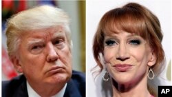 In this combination photo, President Donald Trump appears in the White House in Washington on March 13, 2017, left, and comedian Kathy Griffin appears at the Clive Davis and The Recording Academy Pre-Grammy Gala in Beverly Hills, Calif.