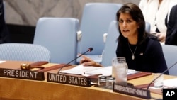 U.S. Ambassador Nikki Haley addresses the United Nations Security Council, Sept. 17, 2018, at U.N. headquarters.