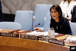 U.S. Ambassador Nikki Haley addresses the United Nations Security Council, Monday, Sept. 17, 2018, at U.N. headquarters.