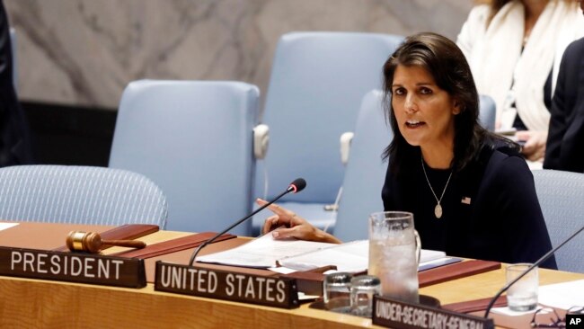FILE - U.S. Ambassador Nikki Haley addresses the U.N. Security Council, Sept. 17, 2018, at U.N. headquarters.