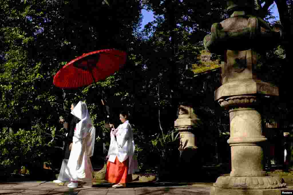 A couple walk in the garden of the Hikawa shrine during their traditional Shinto wedding ceremony in Tokyo, Japan.