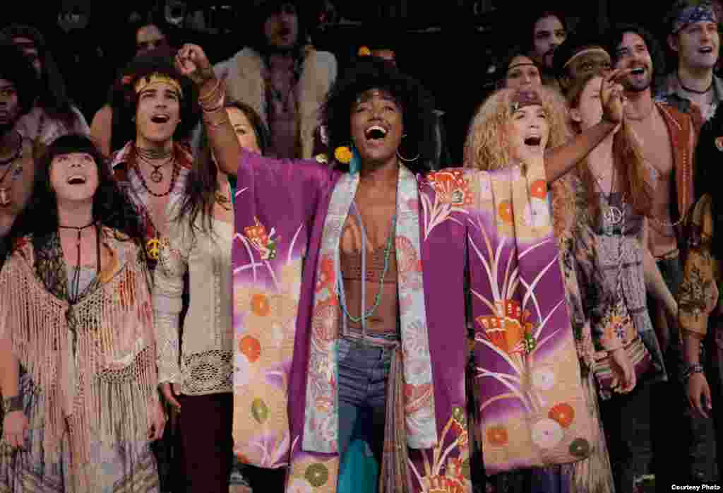 Patina Miller and Tribe in the 2008 Shakespeare in the Park production of HAIR at the Delacorte Theater, directed by Diane Paulus. (Photo: Michal Daniel)