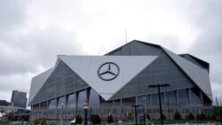 The exterior of the Mercedes-Benz Stadium in Atlanta is shown Sept. 17, 2021.