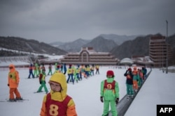 FILE - Members of a "ski camp" are seen at the Masikryong Ski Resort, near North Korea's east coast port city of Wonsan, Feb. 19, 2017.