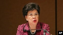 FILE - World Health Organization (WHO) Director General Margaret Chan speaks during a conference on Universal Health Coverage for inclusive and sustainable growth in Tokyo.