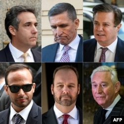 FILE - Clockwise from top left, this combination of file photograph shows former Trump lawyer Michael Cohen, former National Security Advisor Michael Flynn, former campaign manager Paul Manafort, political consultant Roger Stone, former Manafort business associate Rick Gates, and former campaign aide George Papadopoulos.