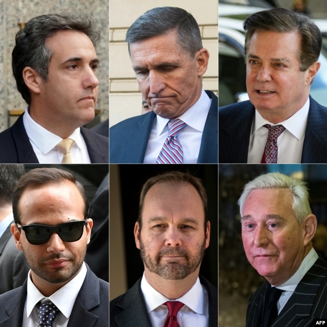 FILE - Clockwise from top left, this combination of file photograph shows former Trump lawyer Michael Cohen, former National Security Advisor Michael Flynn, former campaign manager Paul Manafort, political consultant Roger Stone, former Manafort business associate Rick Gates, and former campaign aide George Papadopoulos.