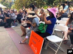 Opponents of a California bill to declare gay conversion therapy a fraudulent practice gather at a rally outside the Capitol as the Senate holds a hearing on the matter inside in Sacramento, June 12, 2018. Opponents said the legislation could infringe on their religious freedom.