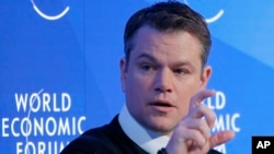 U.S. actor Matt Damon gestures as he speaks at the World Economic Forum in Davos, Switzerland, Jan. 17, 2017. 