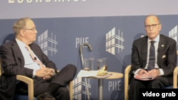 白宮國家經濟委員會主任拉里·庫德洛2019年6月13日在彼得森國際經濟研究所就美國經貿政策舉行座談。 （視頻截圖）