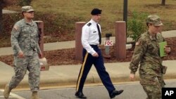 FILE - Army Sgt. Bowe Bergdahl is seen leaving a courtroom after a pretrial hearing in Fort Bragg, NC., Nov. 14, 2016.