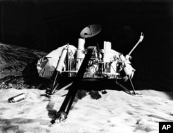 The NASA Viking Lander is pictured in a Mars simulation laboratory in this undated photo.