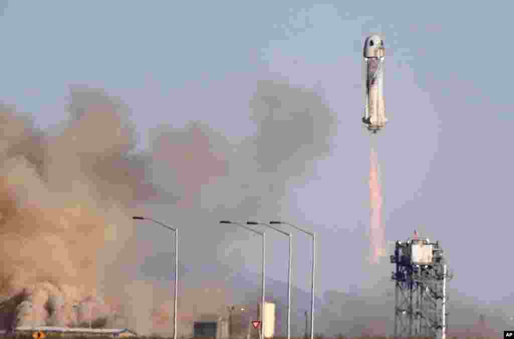 Blue Origin&#39;s New Shepard rocket launches from its spaceport near Van Horn, Texas, Dec. 11, 2021.