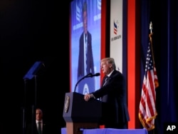 President Donald Trump speaks to a Faith and Freedom conference at the Omni Shoreham Hotel, June 8, 2017, in Washington.