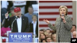 From left, Republican presidential candidate Donald Trump speaks during a rally in Madison, Ala. Democratic presidential candidate Hillary Clinton speaks at Meharry Medical College in Nashville, Tenn., Feb. 28, 2016.