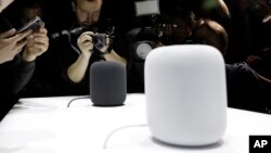 In this Monday, June 5, 2017, file photo, the HomePod speaker is photographed in a a showroom during an announcement of new products at the Apple Worldwide Developers Conference in San Jose, Calif. (AP Photo/Marcio Jose Sanchez, File)