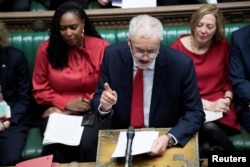 Jeremy Corbyn, leader of the Labor Party, talks during a no-confidence debate after Parliament rejected Theresa May's Brexit deal, in London, Jan. 16, 2019.