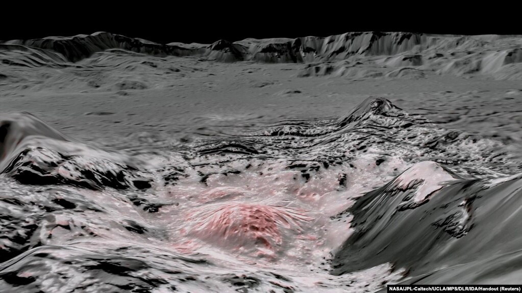 Mosaic image using false color to highlight the recently exposed brine, or salty liquids, that were pushed up from a deep reservoir under the crust of the drawrf planet Ceres.