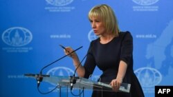 FILE - Russian Foreign Ministry spokeswoman Maria Zakharova speaks to the media in Moscow, March 29, 2018.