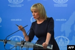 FILE - Russian Foreign Ministry spokeswoman Maria Zakharova speaks to the media in Moscow, March 29, 2018.