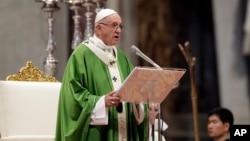 Pope Francis delivers his speech during a Mass for the closing of the synod of bishops in St. Peter's Basilica at the Vatican, Oct. 28, 2018. 