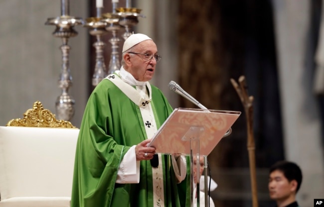 Pope Francis delivers his speech during a Mass for the closing of the synod of bishops in St. Peter's Basilica at the Vatican, Oct. 28, 2018.