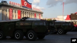 FILE - Missiles are paraded in Pyongyang, North Korea, Oct. 10, 2015. 