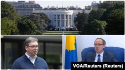 ILUSTRACIJA - Kolaž fotoghrafija na kojima su Bela kuća, predsednik Srbije Aleksandar Vučić i premijer Kosova Avdulah Hoti (Foto: VOA)