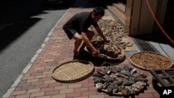 Tư liệu - Một người phơi hải sâm khô trên vỉa hè ở Hong Kong