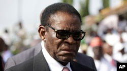 FILE - Equatorial Guinea President Teodoro Obiang Nguema Mbasogo arrives for the inauguration of the new Nigerian President, Muhammadu Buhari, in Abuja , Nigeria, Friday, May 29, 2015. 