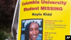 A poster put out by friends and family of Nayla Kidd after she went missing. She was found by police and explained she needed to leave Columbia University because life there became too stressful. (Associated Press)