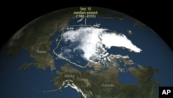 This image provided by the National Snow and Ice Data Center in Boulder, Colo., shows Arctic sea ice, which this summer shrank to its second-lowest level since scientists started to monitor it by satellite. (National Snow & Ice Data Center via AP)