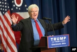 Former House Speaker Newt Gingrich speaks before introducing Republican presidential candidate Donald Trump during a campaign rally at the Sharonville Convention Center in Cincinnati, July 6, 2016.