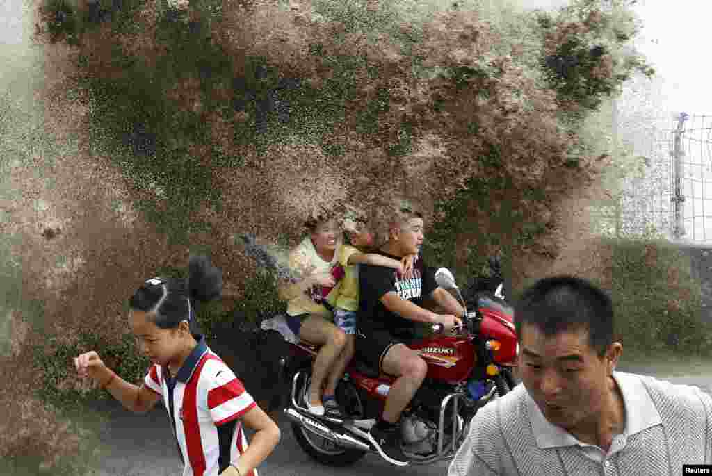 Visitors run away as waves caused by a tidal bore surge past a barrier on the banks of Qiantang River, in Hangzhou, Zhejiang province, China, Aug. 13, 2014.