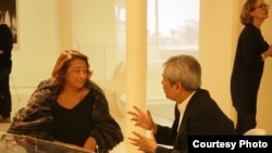 Zaha Hadid talks​ with Youk Chhang, director of DC-Cam, at the launched design for the Sleuk Rith Institute at her gallery in London, England, on Thursday 9th October, 2014. (Photo by Nhean Socheat/The Sleuk Rith Institute/DC-Cam)