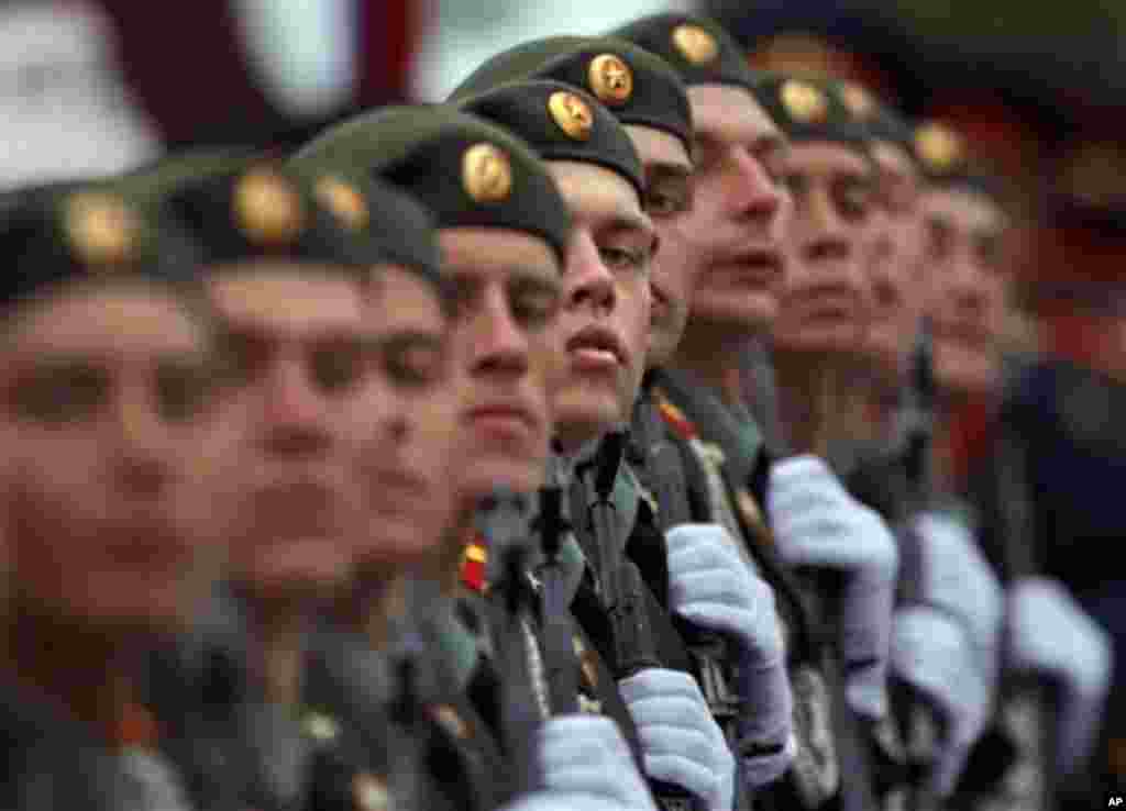 Russian soldiers march on the Red Square, during the Victory Day Parade, which commemorates the 1945 defeat of Nazi Germany in Moscow, Russia, Wednesday, May 9, 2012. Russian President Vladimir Putin has told the annual massive military parade in Red Squ