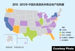 2010-2015年中国在美国各州商业地产收购量