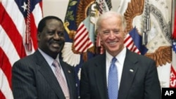 Vice President Joe Biden meets with Kenya's Prime Minister Raila Odinga, in the Roosevelt Room at the White House in Washington, April 12, 2011