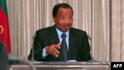 FILE - Cameroon President Paul Biya speaks at the presidential palace in Yaounde, April 19, 2013